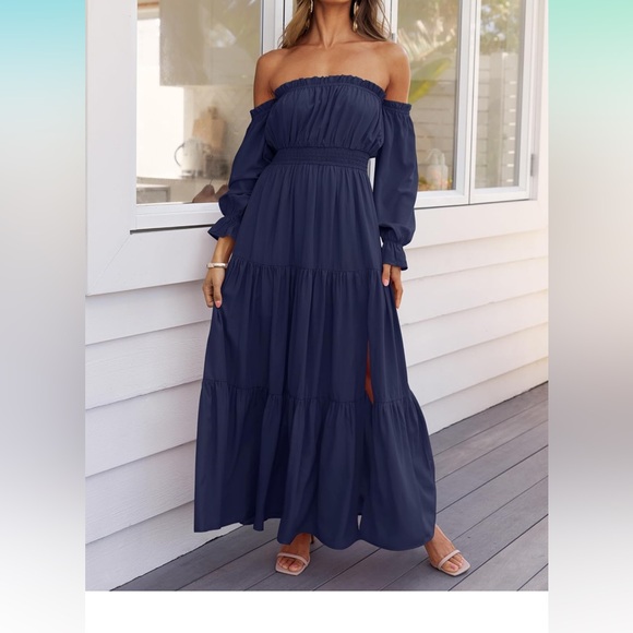 Off Shoulder Long Sleeve Smocked High Waist Side Split Flowy Long Maxi Dress - Picture 3 of 6